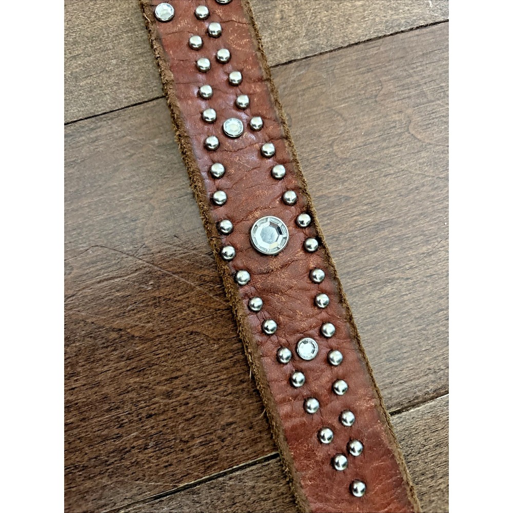 American Eagle Brown 100% Leather Belt Western Hippy Studded Womens M Rhinestone - Picture 6 of 16